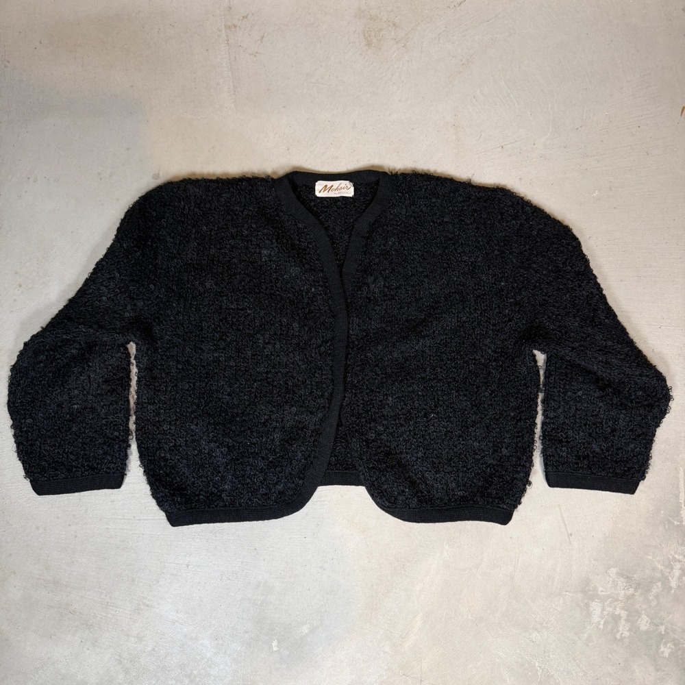 Vintage Mohair by Brockly Black Curly Boucle Knit Cropped Cardigan Sweater